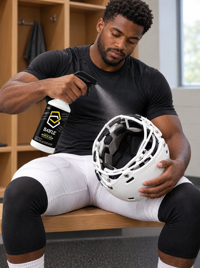 Battle Odor Spray sprayed on a football helmet