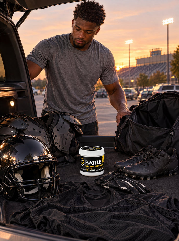 Loose gear laid out in a trunk with Battle Fast Gas 25g