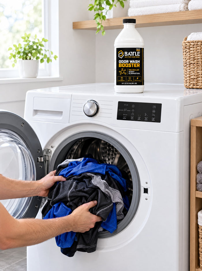 Loading gym clothes into a washer with Battle Odor Wash Booster