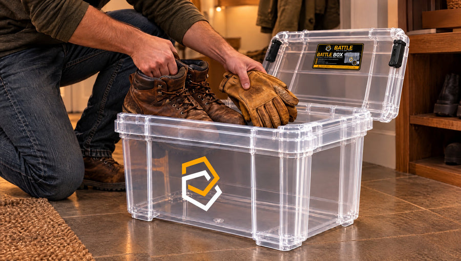 Loading work boots and gloves into the Battle Box
